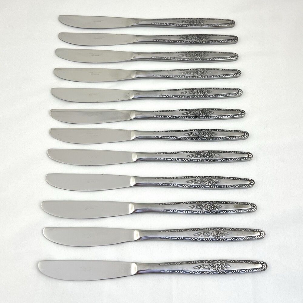 12pc Stylecraft T&N SYF2 Single Rose Dinner Knife Satin Stainless Flatware Japan